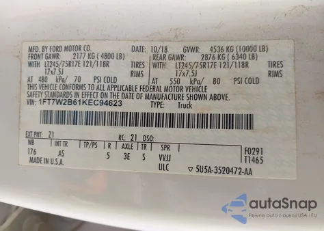 2019 Ford F-250 Xl from USA, damaged, VIN 1FT7W2B61KEC94623